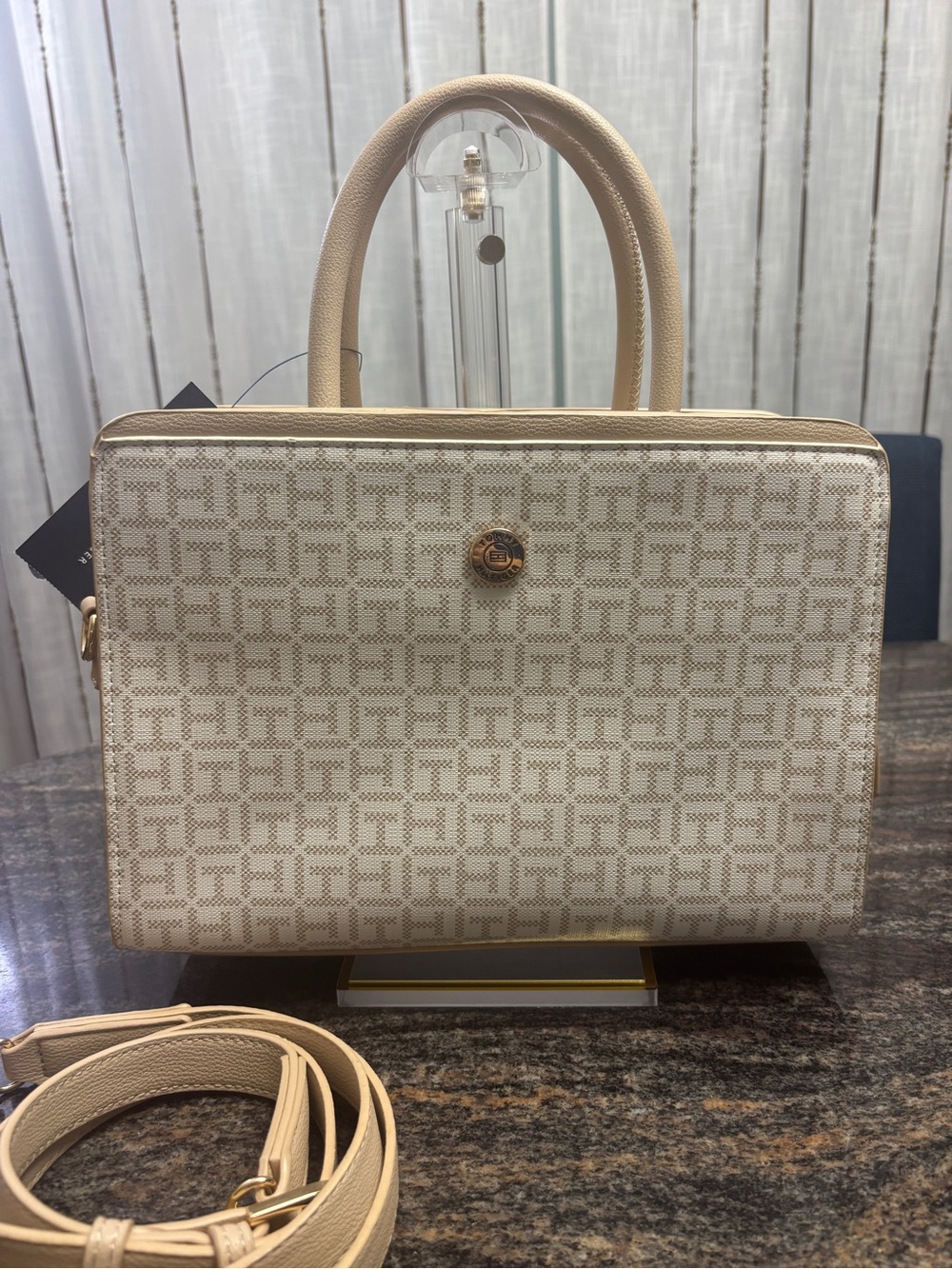 Tommy Hilfiger Top Handle Satchel with Crossbody, Signature beige print and NWT!
